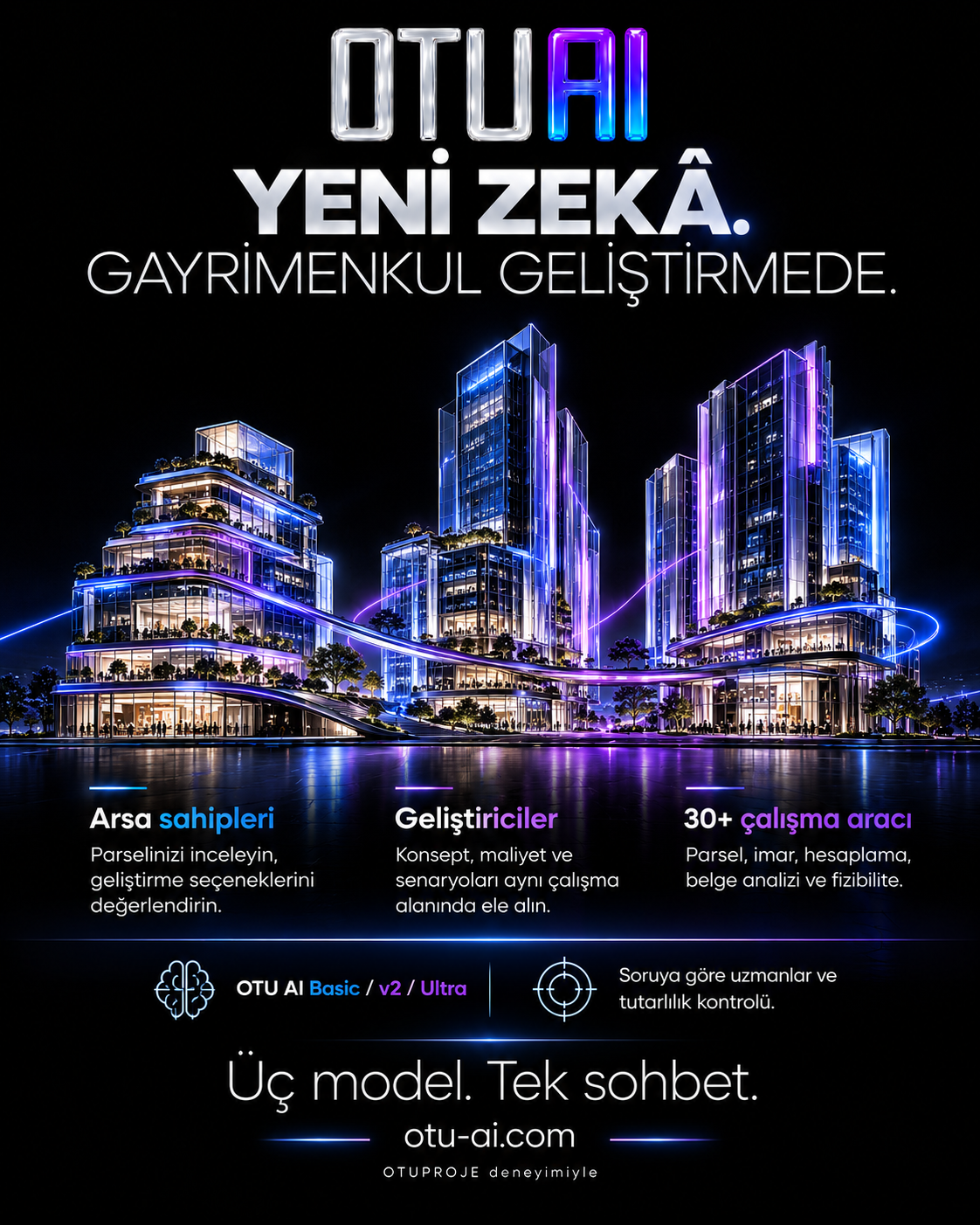 Mavi ve mor ışıklarla çevrili çağdaş cam mimari yapılar