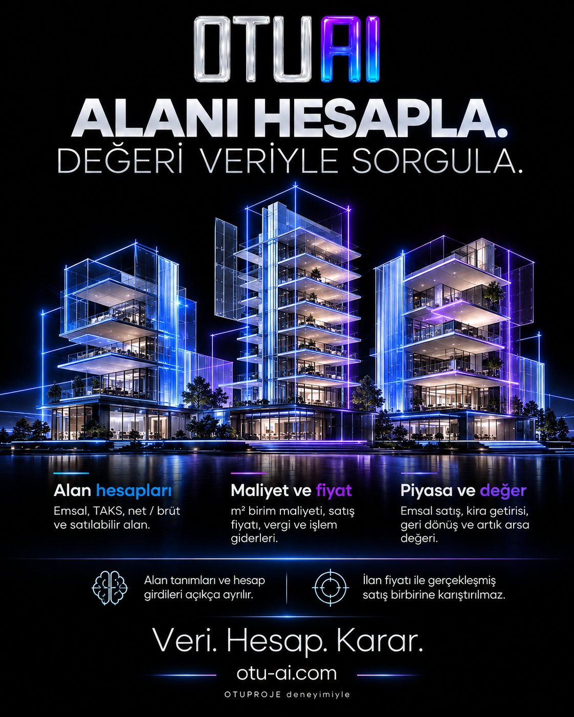 Net ve brüt alanları gösteren ışıklı mimari kütleler