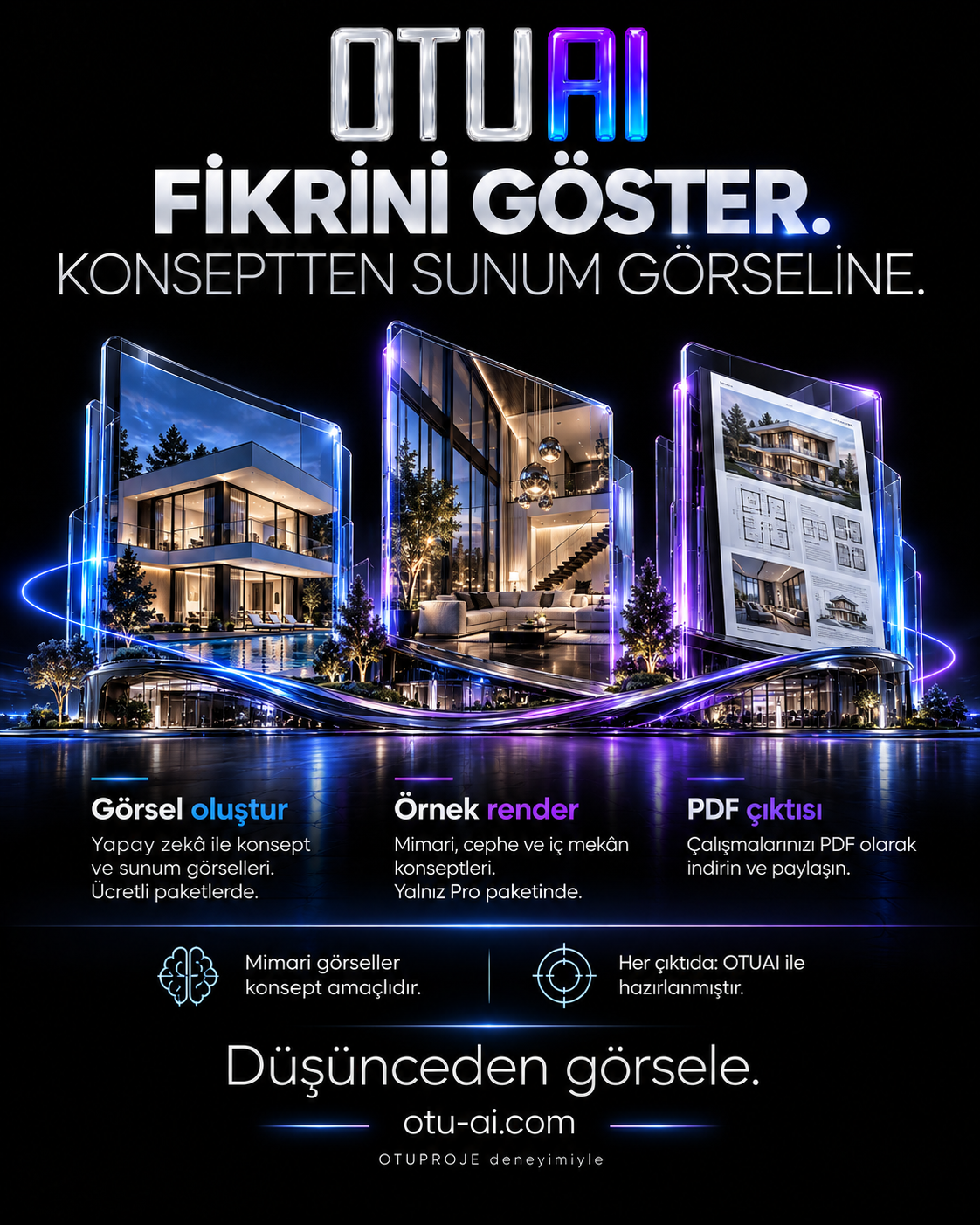 Villa, iç mekân ve rapor görselleri içeren cam sunum çerçeveleri